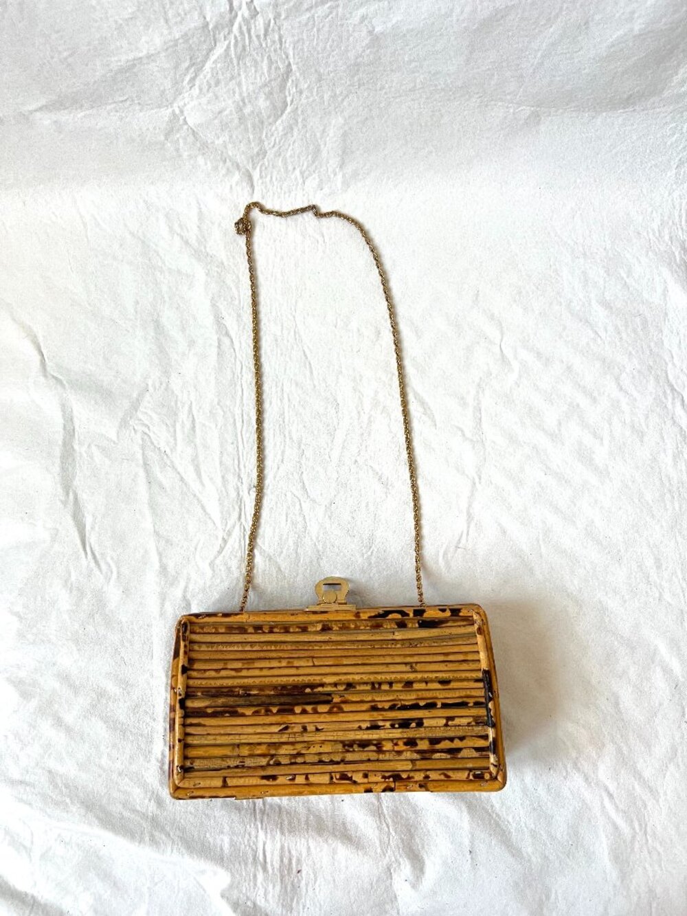 Vintage bamboo purse wood clutch gold chain rectangular basket box bag 80s